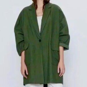 Zara Green Linen Blend Long Jacket / Coat - Size L